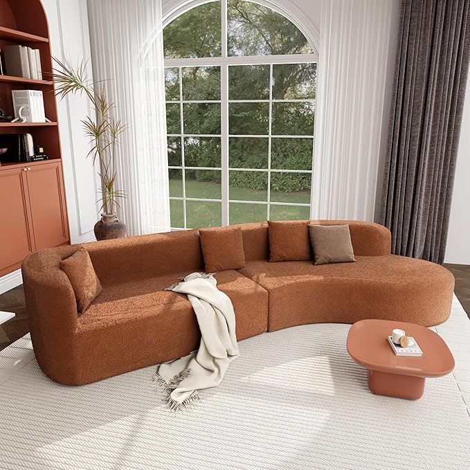 132 Large Sponge Modular Sofa Modern Sectional Sofa with Curved Design 2-Piece Chenille Modular Couch with 4 Pillows Plush Sponge &amp Spring Cushion for Living Room (Orange103)