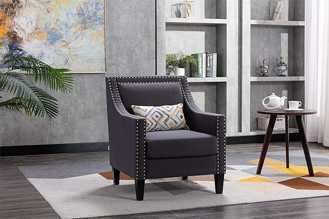 Accent Armchair Living Room Chair with Nailheads and Solid Wood Legs Charcoal Linen