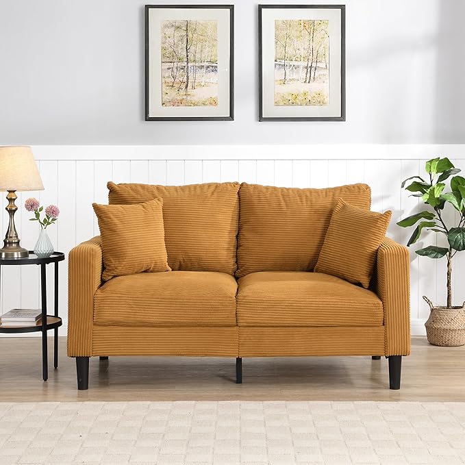Corduroy Loveseat Sofa 2-Seater with Metal Legs Modern 57'' Compact Couch for Small SpacesMini Couches for Living Room/Apartment/Dorm/OfficeSettee (Corduroy Orange)