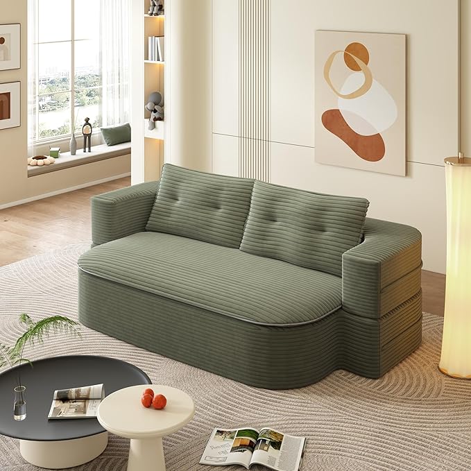 2 in 1 Convertible Folding Sofa Bed with Multi Functional BlanketCorduroy Loveseat Couch BedFull Size Floor Boneless Couches for Living Room BedroomGreen
