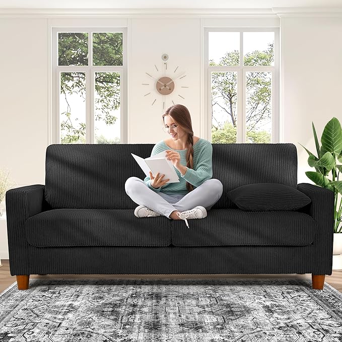 Kidirect 70in U Shaped Couch Modular Sofa No Tool Assembly Comfy Sectional Couches for Living Room 21in Deeper Seats Corduroy Sofas for Living Room with 2 Pillows Loveseat Sofa Set Black Couch |