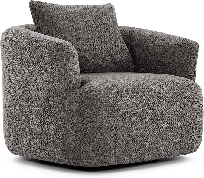 360° Swivel Chair 38.2 Accent Chair Sofa Boucle Fabric Upholstered Swivel Barrel Sofa Chair with a Throw Pillow for Living Room Bedroom Office Hotel (Grey-4.29)