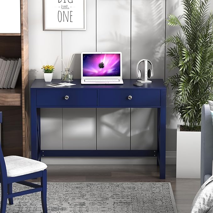 WiberWi Home Office Desk with Drawers Modern Writing Computer Desk for Bedroom Small Navy Makeup Vanity Table Study Table