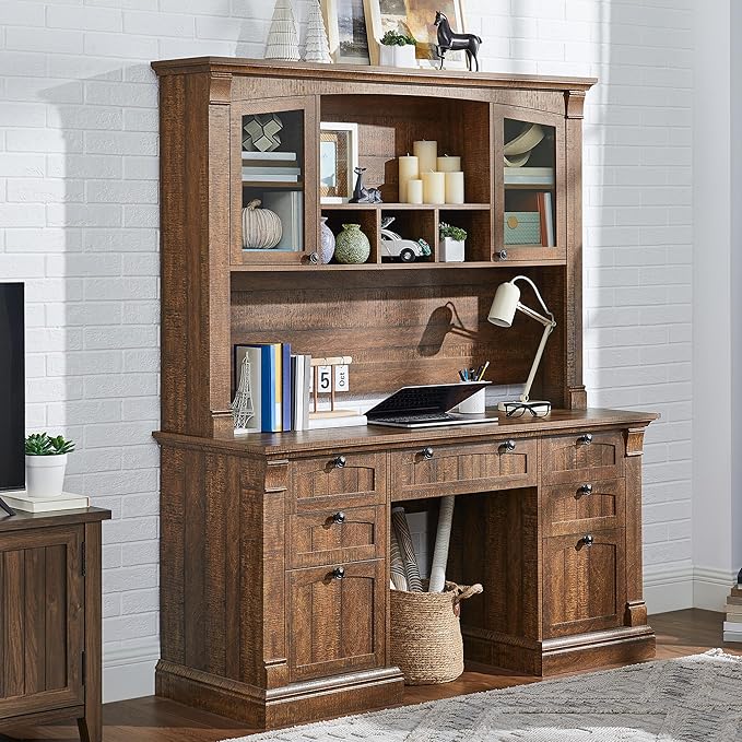 OKD Farmhouse Hutch for 60 Executive Desk Office Desk Storage Cabinet with Glass Doors and Shelves Top Hutch Organizer for Home Office - Reclaimed Barnwood