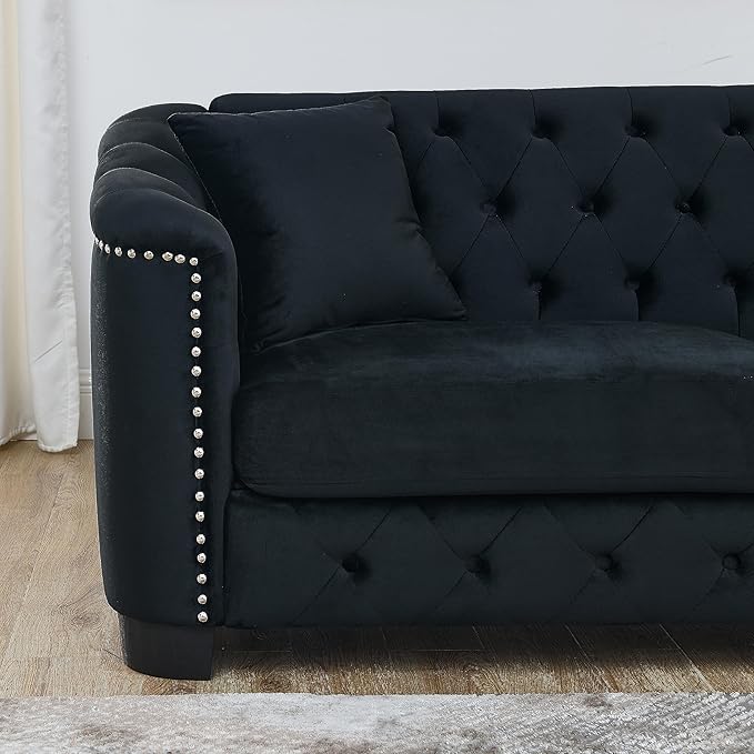 KEIKI 59 Chesterfield Sofa 2 Seater Retro Velvet Couch with Nailhead Arms Tufted Backrests 2 Cushions for Living Room Bedroom Office Apartment Black