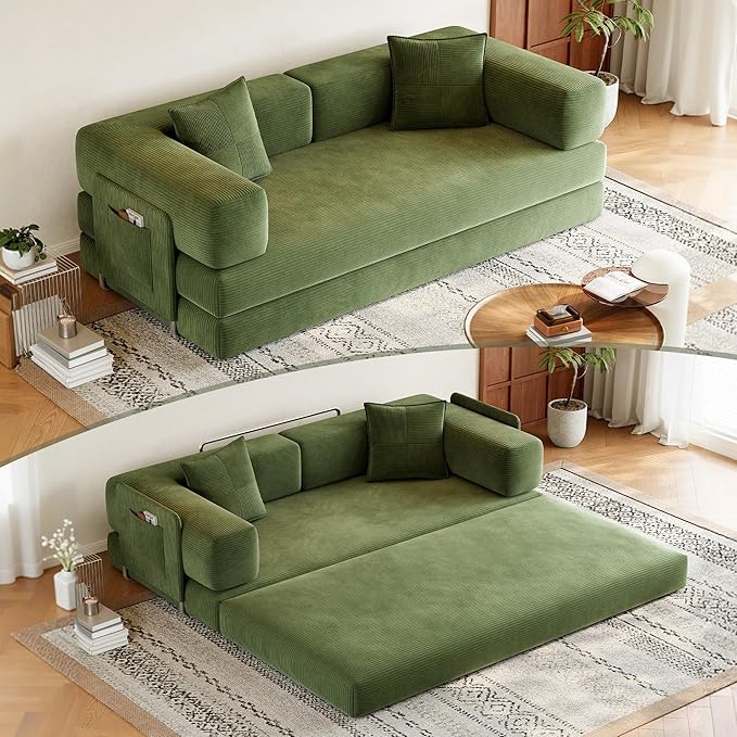 79 Convertible Sofa Bed Corduroy Folding Mattress Couch with Fixed-Shape Frame Boneless Couch for Living Room No Assembly Needed (Green)