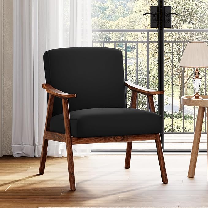 Mid Century Accent Chair Boho Farmhouse Accent Chairs for Living Room Retro Single Lounge Reading Armchair with Solid Wood Frame (Velvet Fabric in Black)