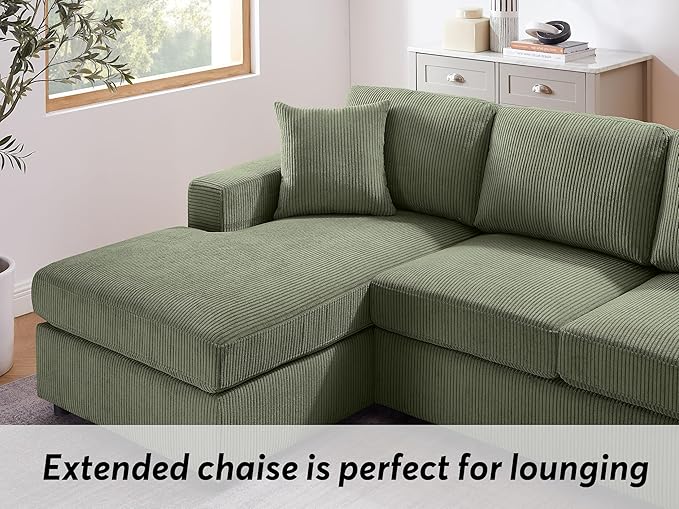 VANOMi 118'' U Shaped Sectional Sofa Couch Corduroy Fabric Modern Cozy Jumbo Size 4-Seater Living Room Couch Double Chaise Longue Olive
