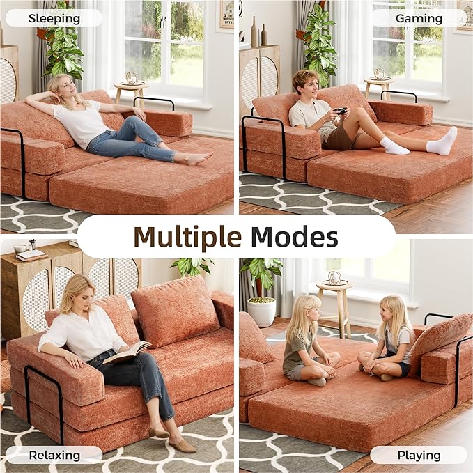 Convertible Sofa Bed 4-in-1 DIY Combination Modular Couch with Pillows Comfy Boneless Sleeper Sofa Bed with Fixed-Shape Frame Chenille Convertible Lounge Couch for Living Room Orange