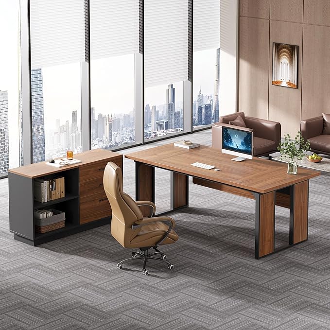Tribesigns 63‘’ L-Shaped Executive Desk Office Table with 39.37-Inch Drawers Cabinet Large Computer Desk with Storage Shelves Business Furniture Set for Home Office Brown &amp Black