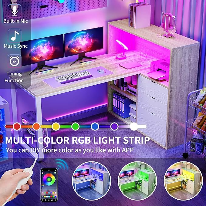 DWVO L Shaped Desk with Drawers 55 Corner Computer Desk with Bookshelf &amp Power Outlets &amp LED Lights Home Office Desk with Storage Shelves Oak &amp White