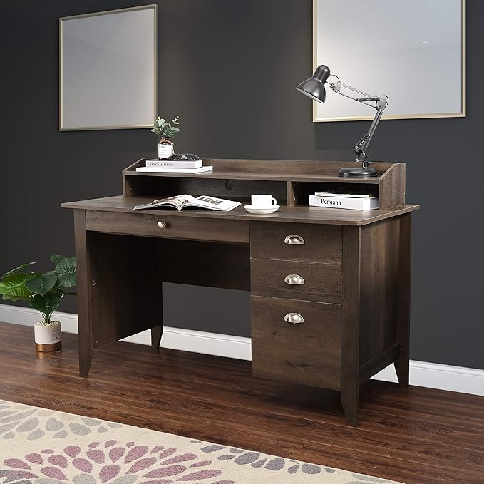 LOKATSE HOME Executive Computer Wood Desk with Drawers Home Office Writing Study Desk with Hutch