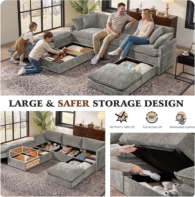 Ihanherry Oversized Sectional Sofa Bed with Storage 103 6-Seater Modular Cloud Couch with Movable Ottomans Chenille Deep Seat Sleeper Couches for Living Room (Grey)