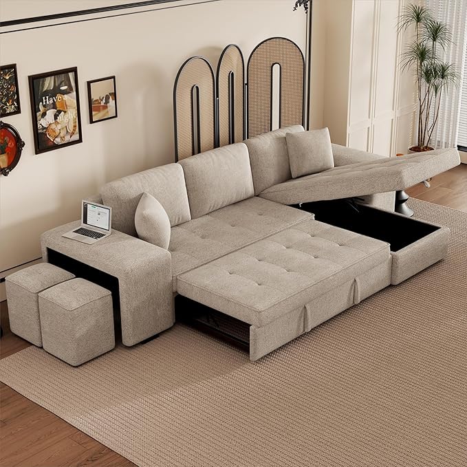 Ball &amp Cast 104 L-Shape Sectional Sofa with Storage Chaise and 2 StoolsPull-Out Bed3-Seat Chenille Reversible Couch w/Storage Armrestfor Living RoomApartmentCream