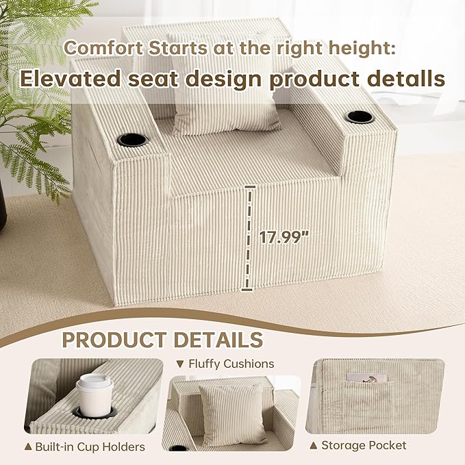 Cloud Single SofaChaise Lounge Chair with Cup Holder &amp Side PocketElevated Seat HeightNo Assembly RequiredBoneless Corduroy Chair for Small SpaceBedroomOffice (White Single Sofa)