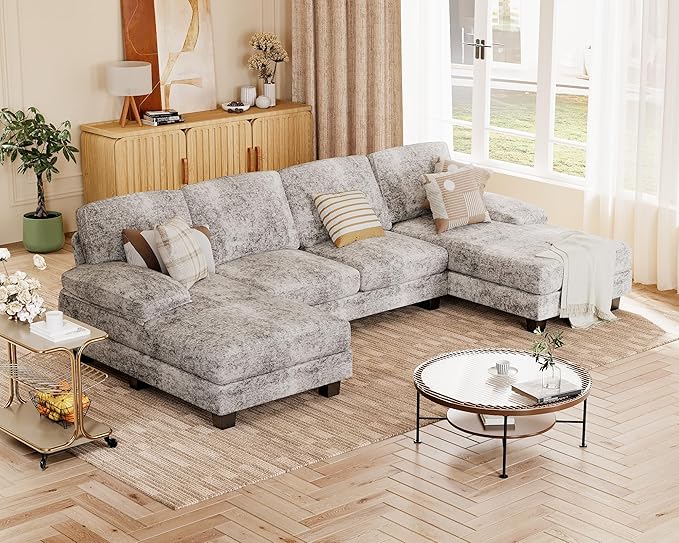 JUMMICO Sectional Couches for Living Room U Shaped Couch with Chenille Fabric 4 Seat Modern Sofa with Removable Pillows for Apartment and Small Space (Fabric Grey)