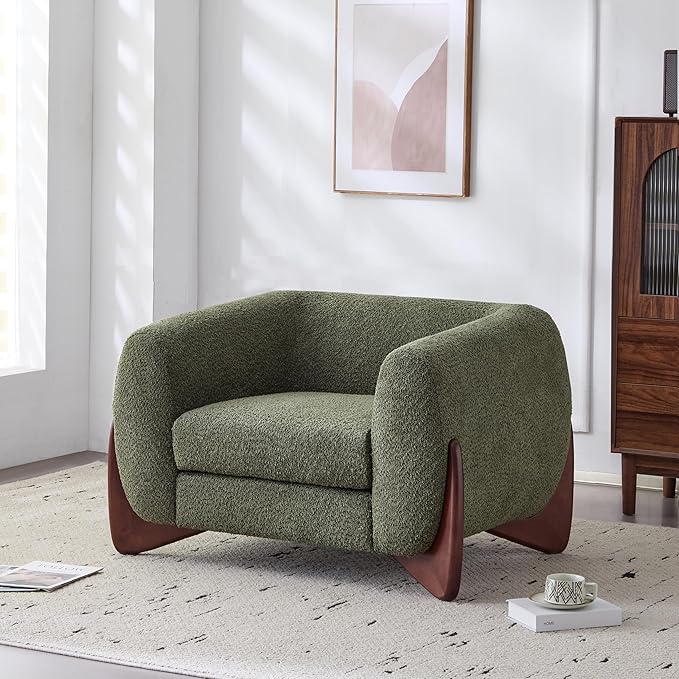 Christopher Knight Home Holly Modern Boucle Fabric Upholstered Club Chair for Living Room Home Office Apartment Relaxing Chair with Removable Cushion and Birch Wood Legs Olive Green+Walnut