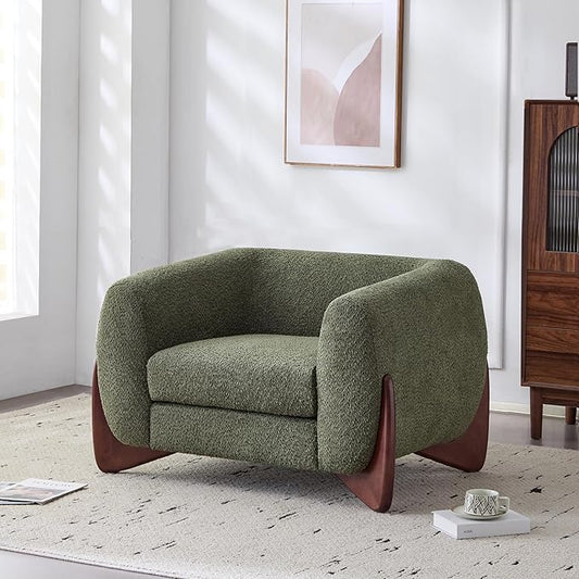 Christopher Knight Home Holly Modern Boucle Fabric Upholstered Club Chair for Living Room Home Office Apartment Relaxing Chair with Removable Cushion and Birch Wood Legs Olive Green+Walnut