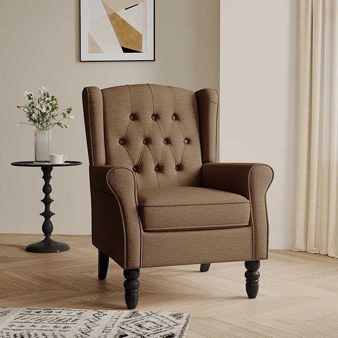 Accent Chairs Set of 2 High Back Upholstered Chair with Button Tufted Mid-Century Modern Comfy Wingback Chair Reading Armchair in Fabric for Living Room for Bedroom Office-Brown