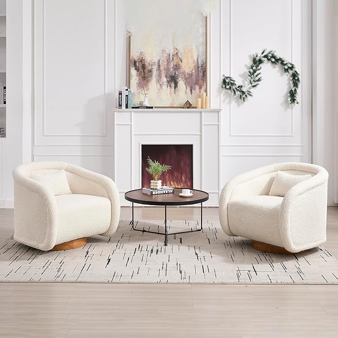 KEIKI 360° Swivel Accent Barrel Chair Soft Teddy Upholstered Single Sofa Comfortable Foam Cushion Sturdy Wooden Frame Stylish for Living Room Bedroom Office – White