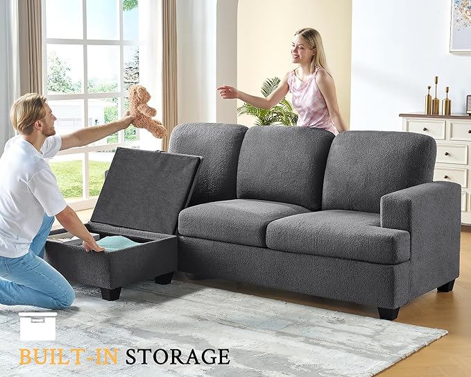 VanAcc 88 Inch Reversible L Shape Sofa Convertible Sofa with Storage L Shape Couch with Chaise Comfy Couches for Living Room Grey Bouclé