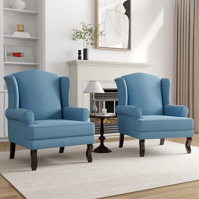 High Back Accent Chairs Set of 2 Comfy Upholstered Fabric Armchair for Living Room Mid Century Modern Club Accent Chair with Solid Wood Legs Single Sofa Reading Chair for Bedroom Sky Blue