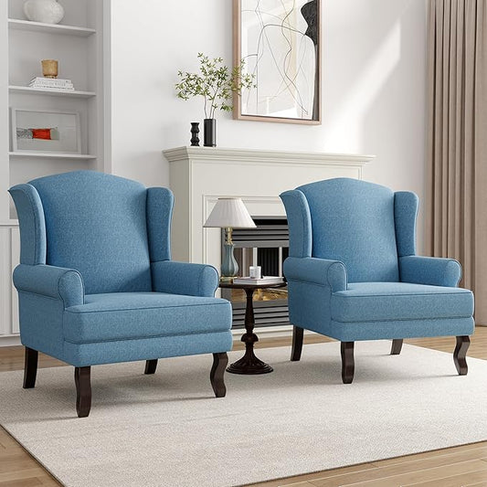 High Back Accent Chairs Set of 2 Comfy Upholstered Fabric Armchair for Living Room Mid Century Modern Club Accent Chair with Solid Wood Legs Single Sofa Reading Chair for Bedroom Sky Blue