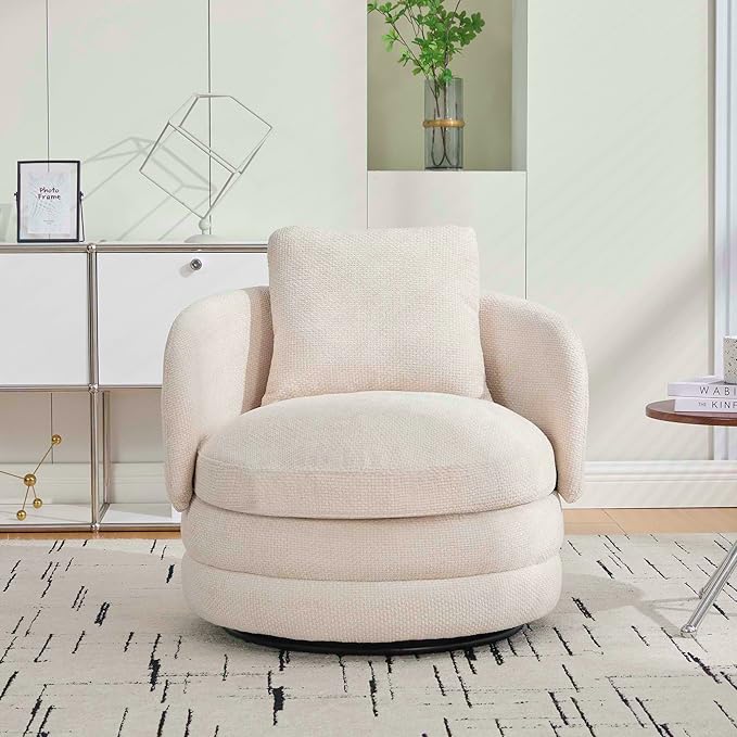 360° Small Swivel Accent Chair Round Swivel Barrel Chair with Round Backrest &amp Wide Seat Comfy Chenille Barrel Chairs for Living Room Bedroom Easy 15-Min Assembly Boucle (Beige)