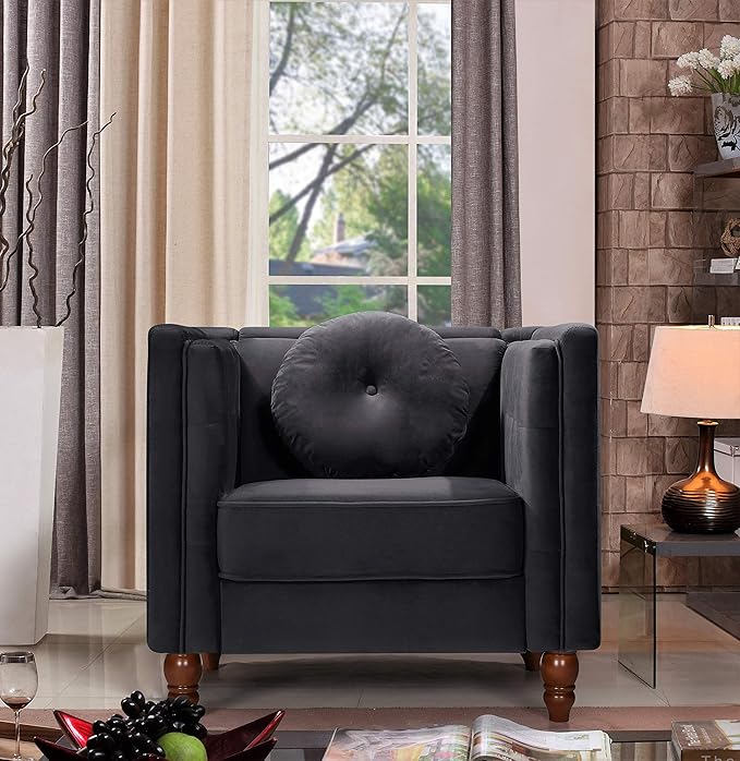 Lexie Velvet Upholstered Mid Century Modern Style Cozy Reading Side Club Arm Sitting Accent Chairs for The Bedroom Living Nursery Kids Room and Home Office Black