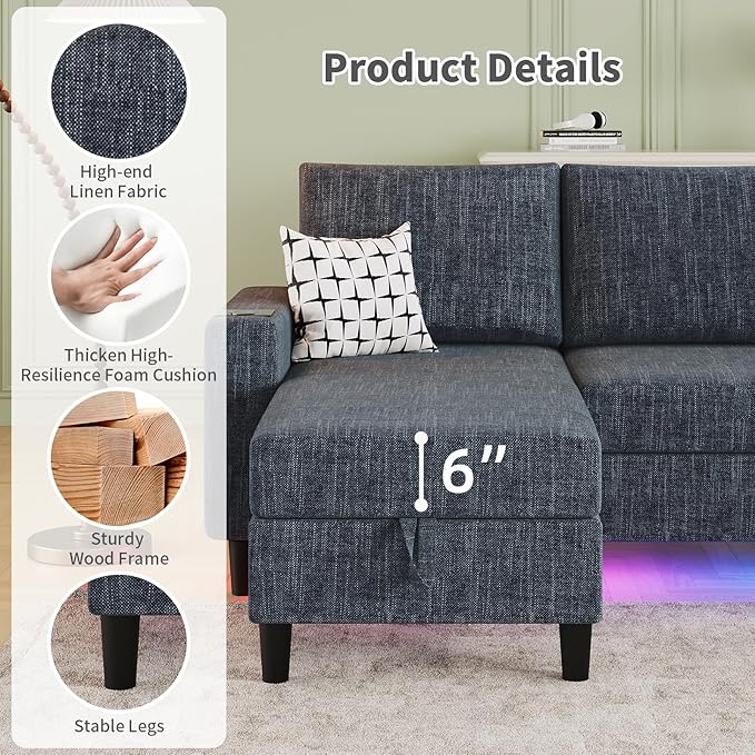 Sectional Couches for Living Room 6-Seats Soft Linen Fabric Sectional Sofa with Storage Ottoman Modern Convertible U/L Shaped Couch with Smart Charging Module/LED Light/Music Sync (Blue)
