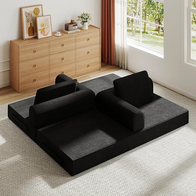 79 Convertible Sleeper Sofa Bed Oversized Corduroy Floor Couch with 2 Pillows Pull Out Memory Foam Mattress Guest Bed High-Density Sleeper Loveseat for Living Room Apartment [Black]