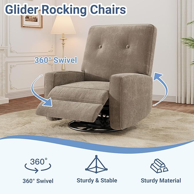 GarveeHome Recliner Chairs Swivel Rocker Recliner Glider Recliner Nursery Chair 360 Swivel Glider Rocking Chair for Living Room Bedroom Office RV Small Spaces Corduroy Brown