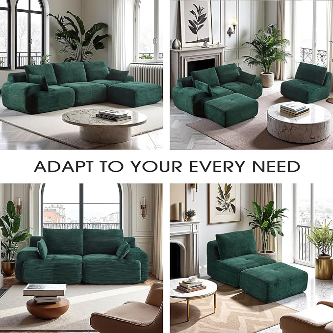 Round 84 Loveseat Sectional Sofa Cloud Couch with Armrests for Small Spaces Corduroy Fabric Green
