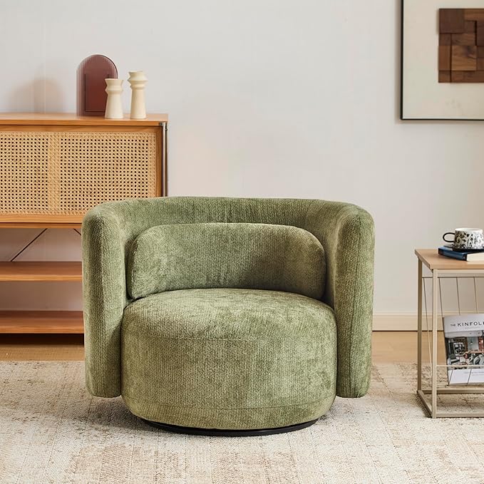 Christopher Knight Home Tanzy 360-Degree Swivel Barrel Chair Upholstered Lounge Chair Indoor Comfy Armchair with Lumbar Pillow for Living Room Thick Cushion Metal Base and Wood Frame Green