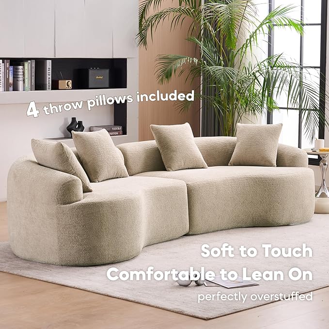 Yoglad 110‘’ Boneless Curved Sofa Modern Cloud 4-Seater Floor Couch Minimalist Compression Sofa for Living Room Apartment Studio Office No Assembly Needed(Chenille Beige Pink)