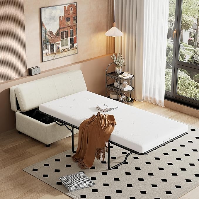 46 Ottoman Folding Bed Twin Size Convertible Ottoman Pull Out Bed with Memory Mattress Foldable Sofa Beds Dual Use Guest Sleeper Couch for Living Room Bedroom Guest Room RV (White+Chenille)