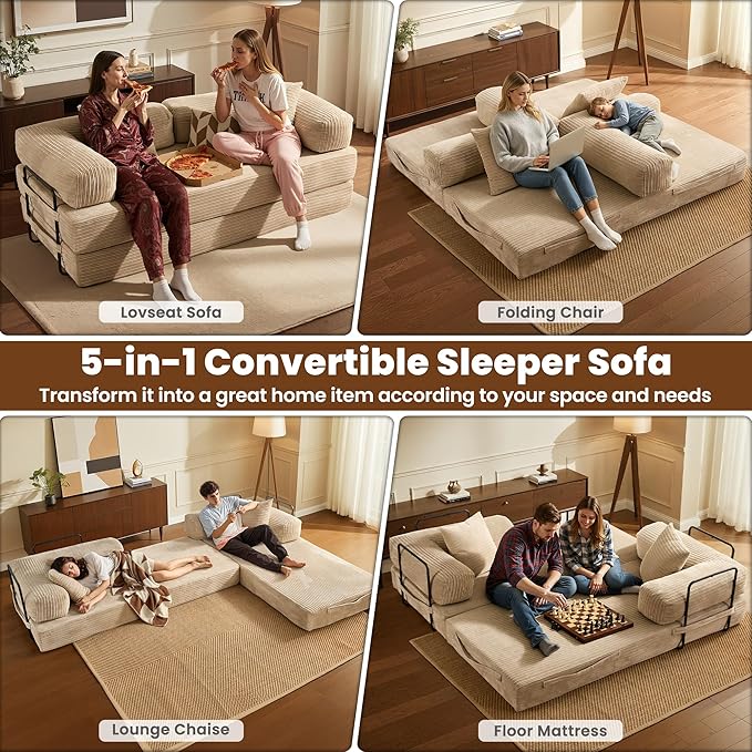 ovios 81 Folding Sofa Bed Foldable Sleeper Boneless Couch with Pull Out Beds Modular Convertible Floor Futon Loveseat Lounger for Living Room (Corduroy Beige)