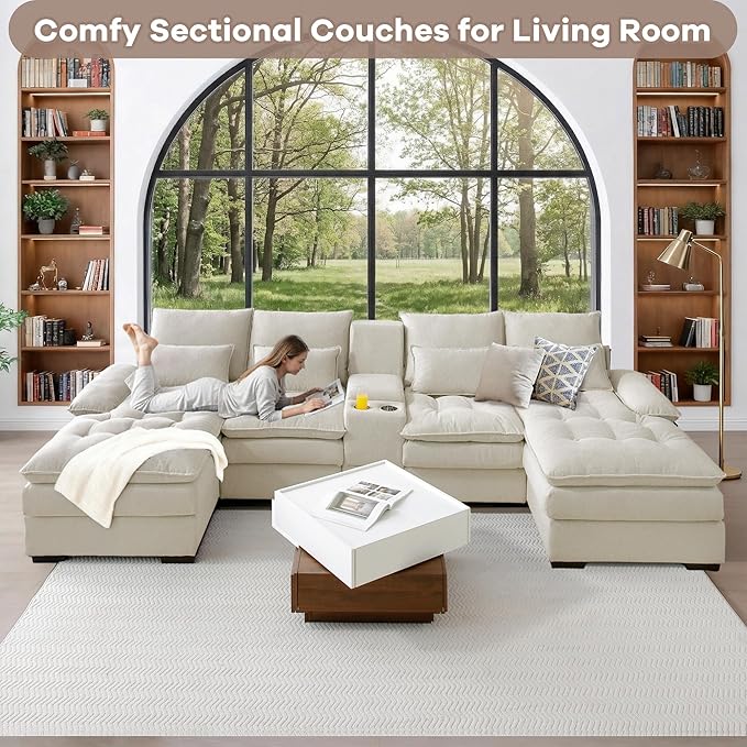 130 U Shaped Cloud Couch Modular Sectional Sofa with Chaise Lounge Comfy Fluffy Cloud Sectional Couches for Living Room Modern Modular Sofa with Central Console (Beige)