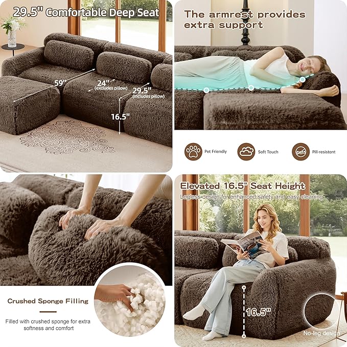 Boneless Couch Sectional Couches for Living Room 114.7'' L Shaped Modular Sectional Sofa with Ottoman Comfy Plush Cloud Couch with Deep Seat Oversized 3-Seater Modular Couches Brown