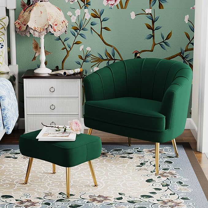 Velvet Accent Chairs with Ottoman for Living Room Bedroom Office Leisure Upholstered Single Sofa Chair Arm Chair Comfy Chair Reading Club Coffee Chair with Metal Legs Green
