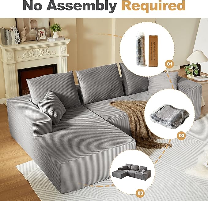 109.4 Cloud Sectional Couch Modern Modular L Shape Sectional Sofa with Deep Seat Chaise Comfy Corduroy Boneless Couches for Living Room (Dark Grey Left Chaise)