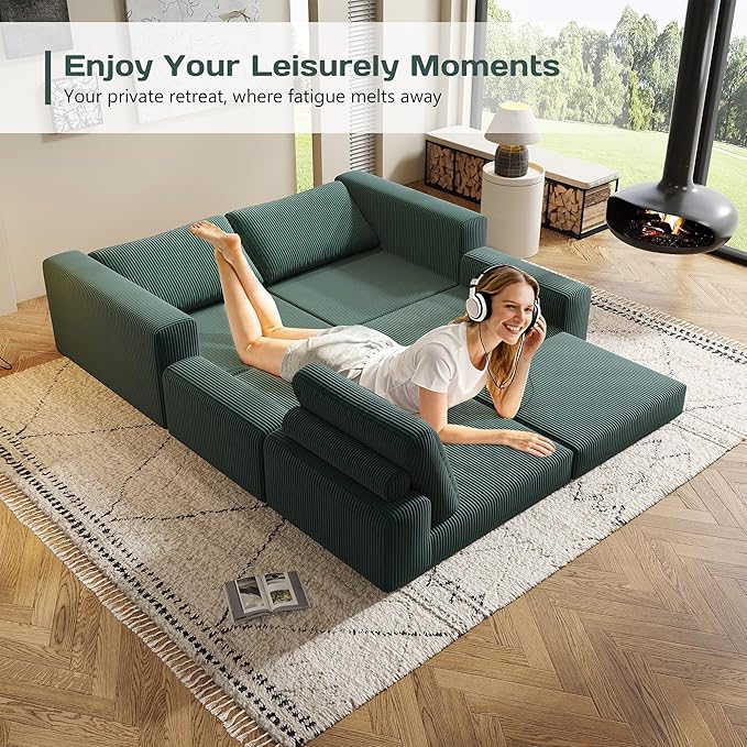 106 Convertible Sofa Bed Cloud Modular Sectional Sofa Modern Deep Seat Folding Sofa for Living Room Bedroom No Assembly Required Corduroy Fabric Flexible Configurations