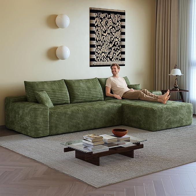 107 Cloud Sectional Couch with L-Shape Chaise Modern Modular Sofa with Deep Seat Corduroy Upholstered Couches for Living Room BedroomNo Assembly Required(Green Right Facing)