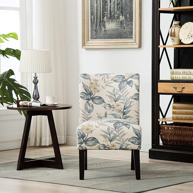 Knocbel Upholstered Accent Armless Chair Living Room Fabric Lounge Chair with Solid Wood Frame &amp Legs (Blue Leaves)