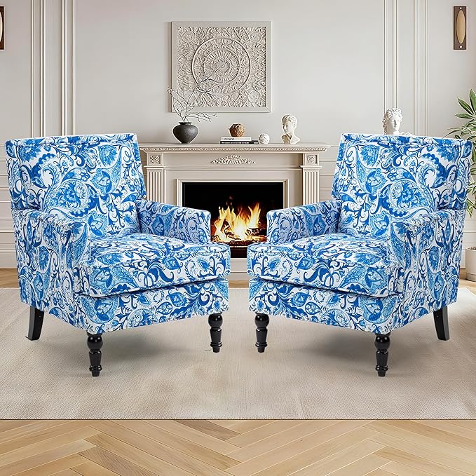 Accent Chair Modern Comfy Mid-Century Anthropologie Accent Chairs Linen Upholstered Wingback Lounge Arm Chair with Solid WoodSingle Floral Pattern Chair for Living Room/Balcony/Bedroom
