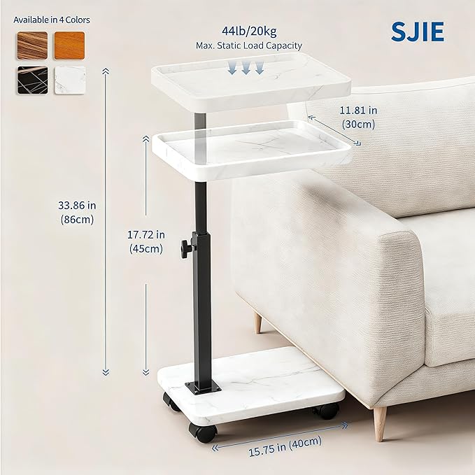 C Table End Table Adjustable Height 360°Swivel TV Tray Table for Small Spaces Side Tables with Wheels for Living Room and Bedroom Bed (White)