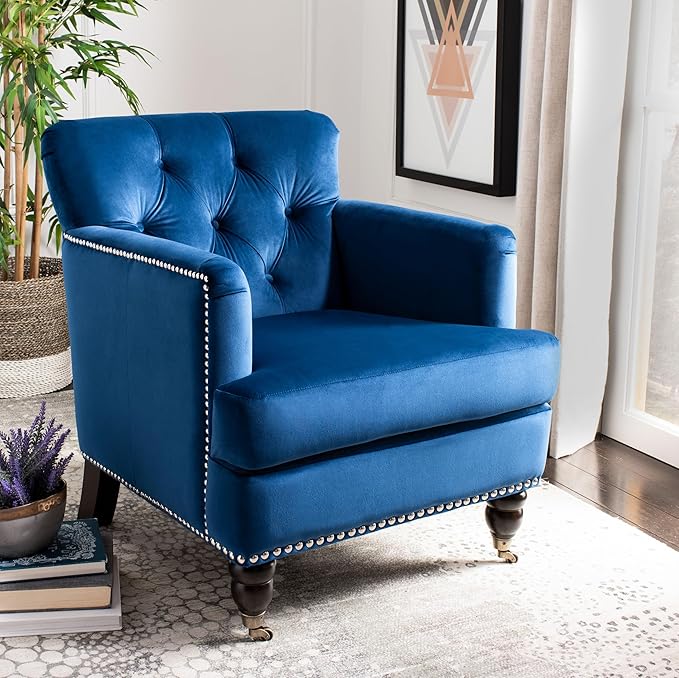 Safavieh Home Colin Navy Velvet and Espresso Tufted Club Chair