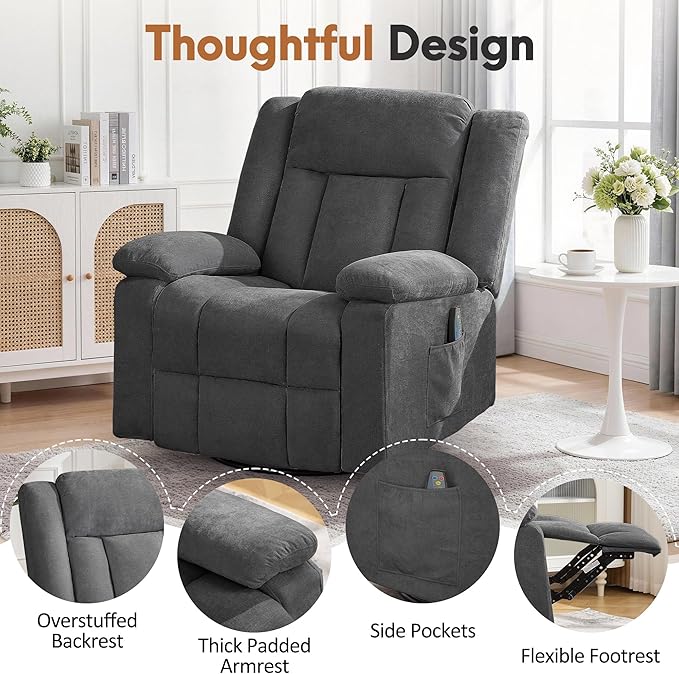 Rocker Recliner Chair for Adults 360° Swivel Rocker Recliner with Massage and Heating Nursery Rocking Chairs with Side Pockets Manual Reclining Chair for Living Room Bedroom or Nursery