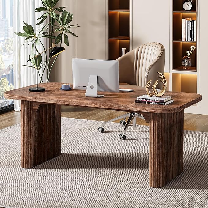 Tribesigns 62-Inch Modern Executive Desk Wood Office Desk Large Aesthetic Computer Desk with Double Pedestal Workstation for Home Office (Brown)