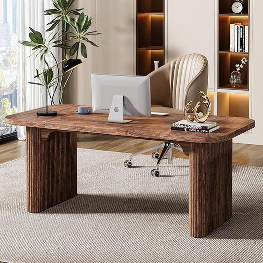 Tribesigns 62-Inch Modern Executive Desk Wood Office Desk Large Aesthetic Computer Desk with Double Pedestal Workstation for Home Office (Brown)